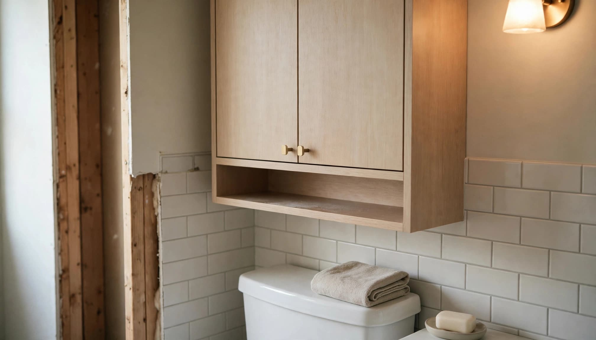 A shallow wall cabinet hangs above a toilet, with a towel on its open shelf.