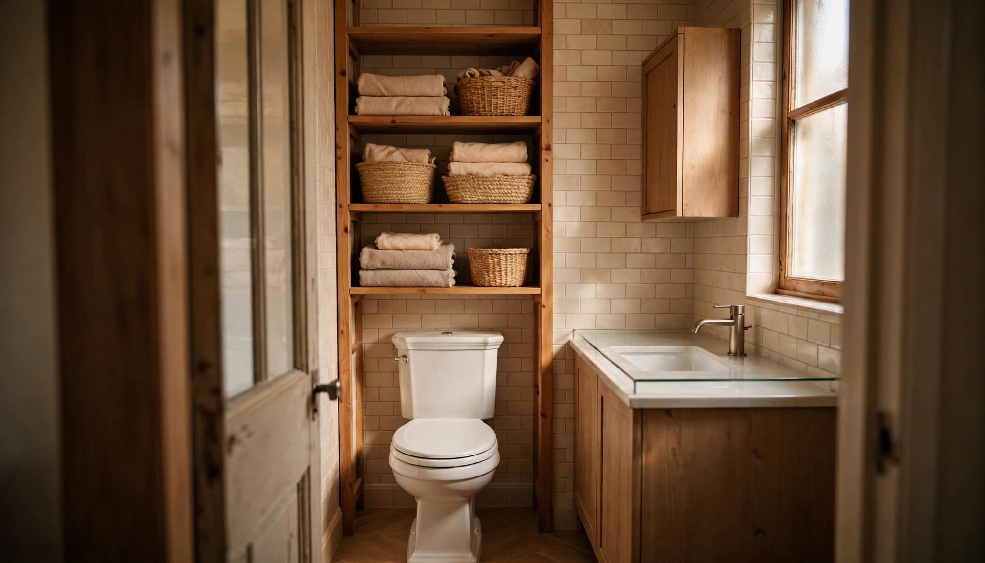 A toilet beneath shelves with folded towels and baskets in a bright tiled bathroom.