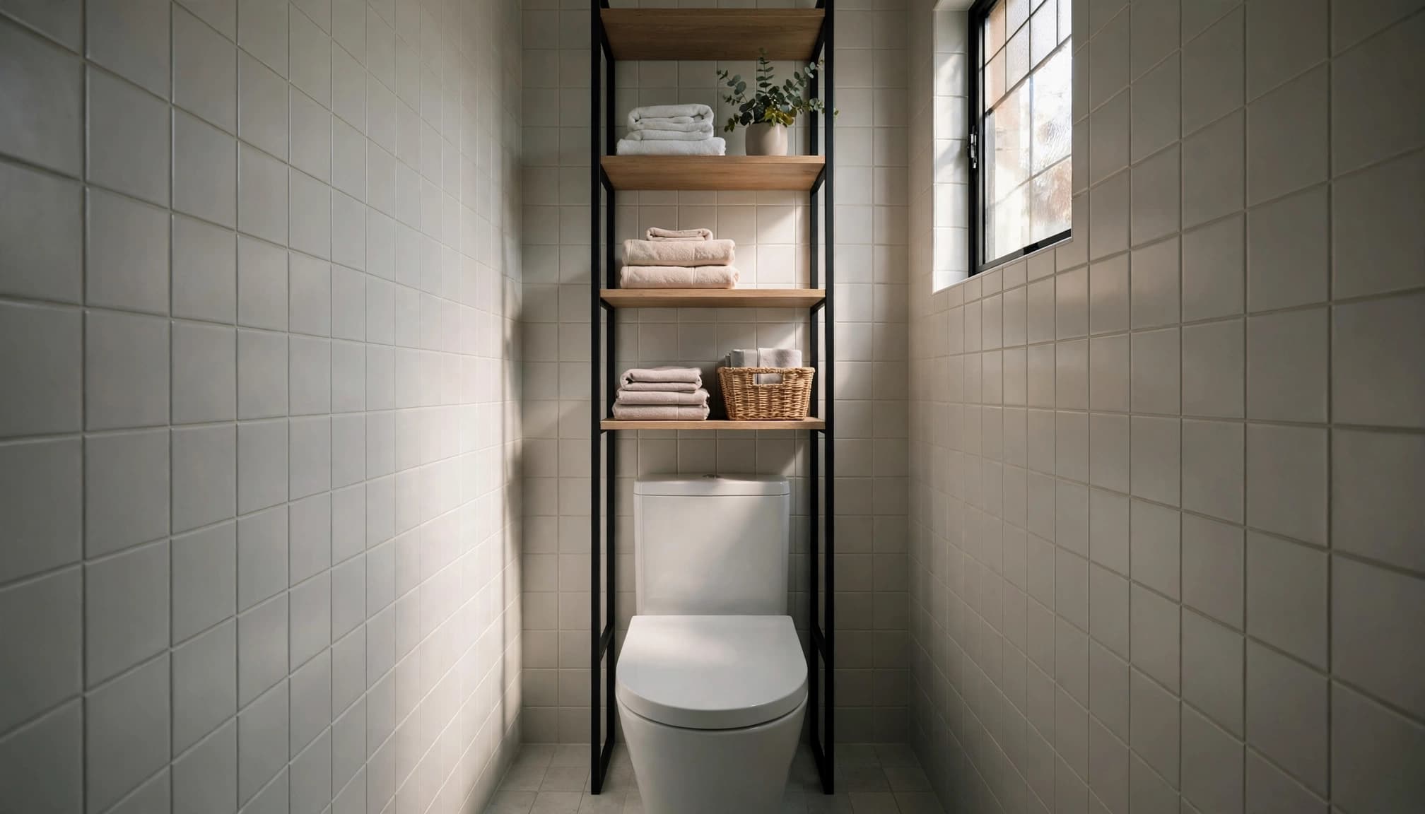A slim shelf with towels, a basket, and a plant stands above a toilet.