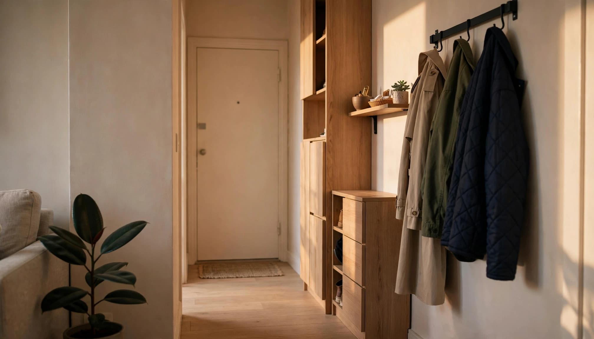 A narrow apartment entryway with a shoe cabinet, coat rail, and clear walkway.