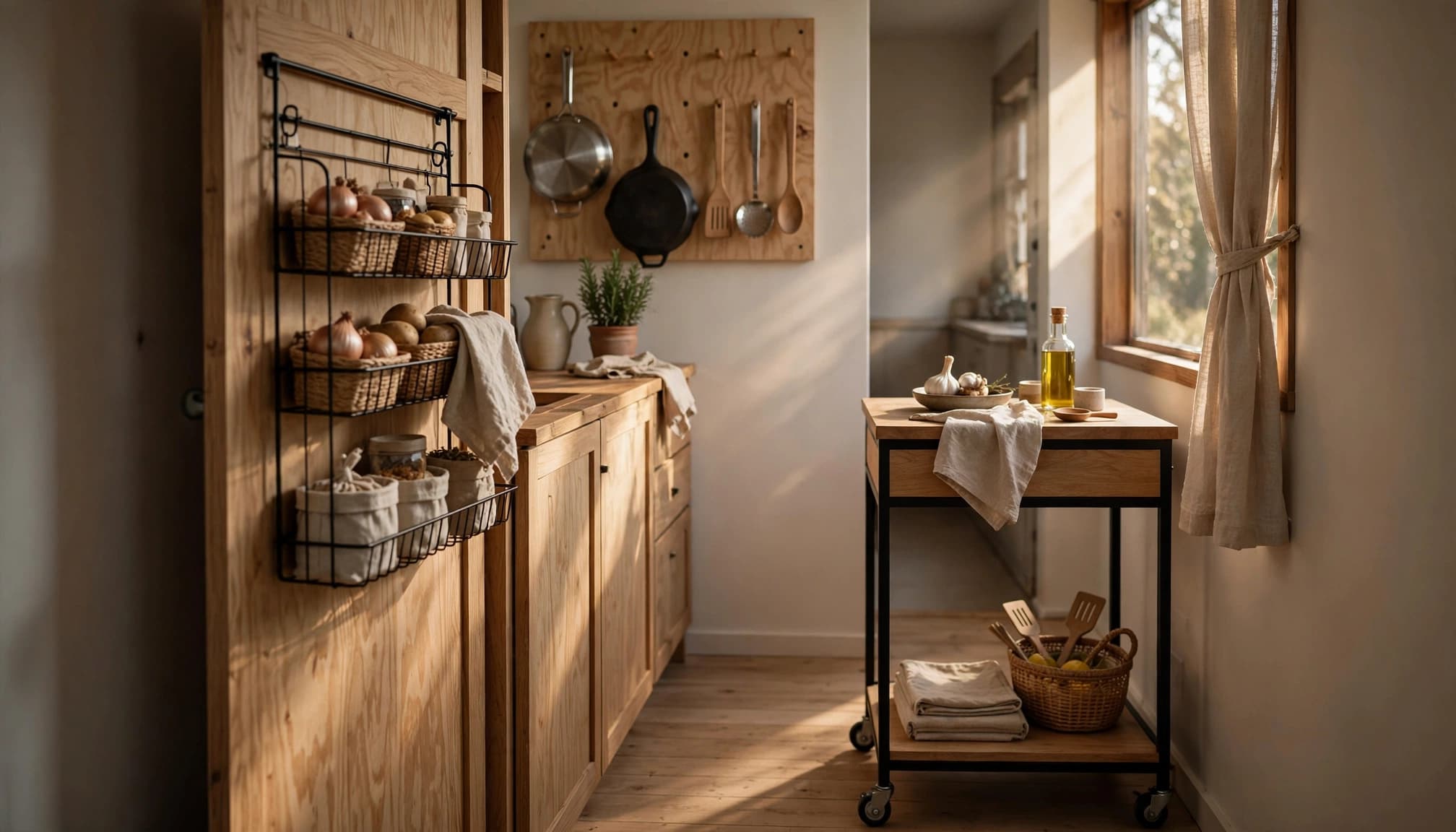 A narrow kitchen with a rolling island, pantry door rack, and hanging cookware.