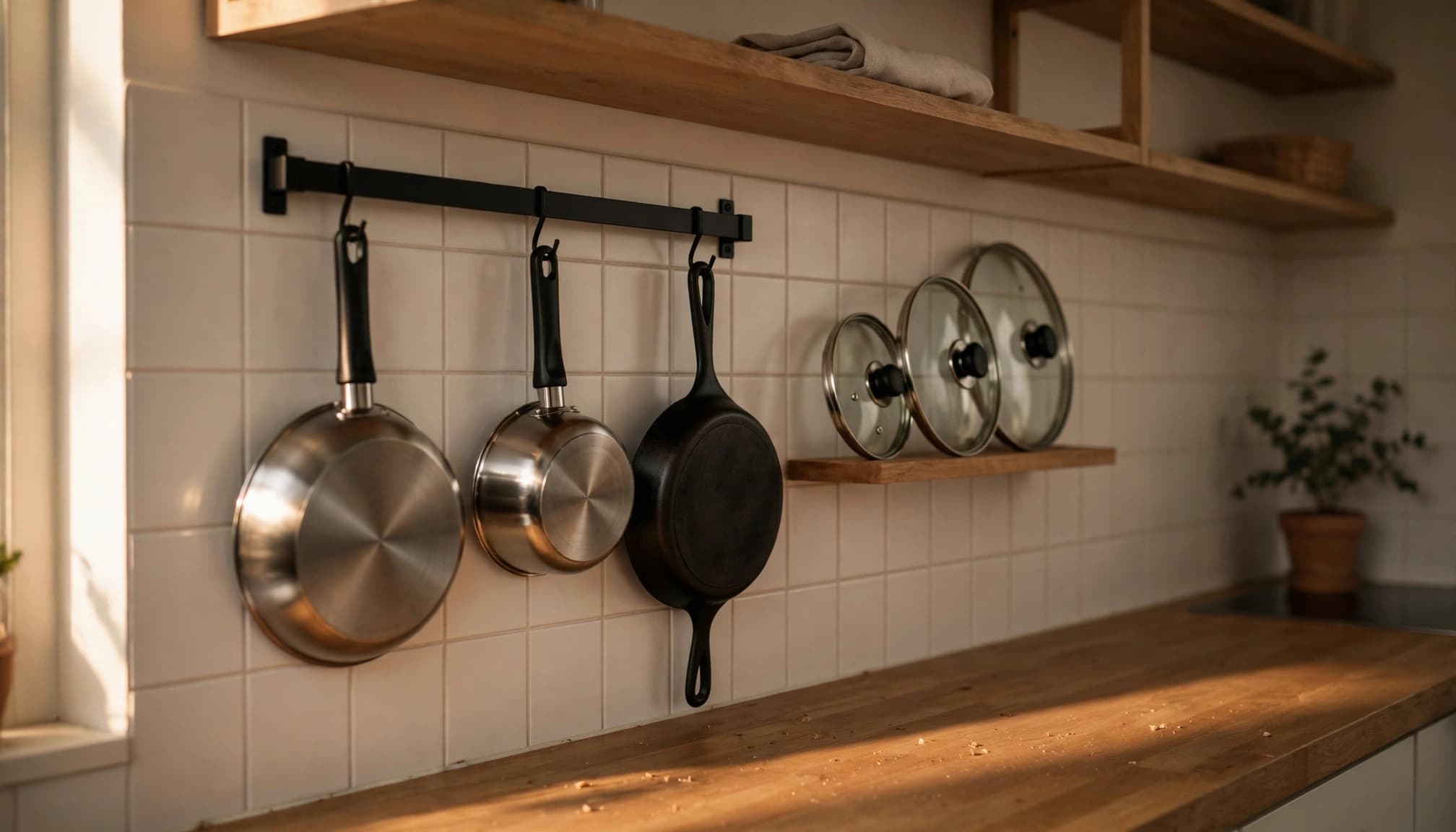 Three pans hang above a clear counter, with lids stored upright on a nearby shelf.