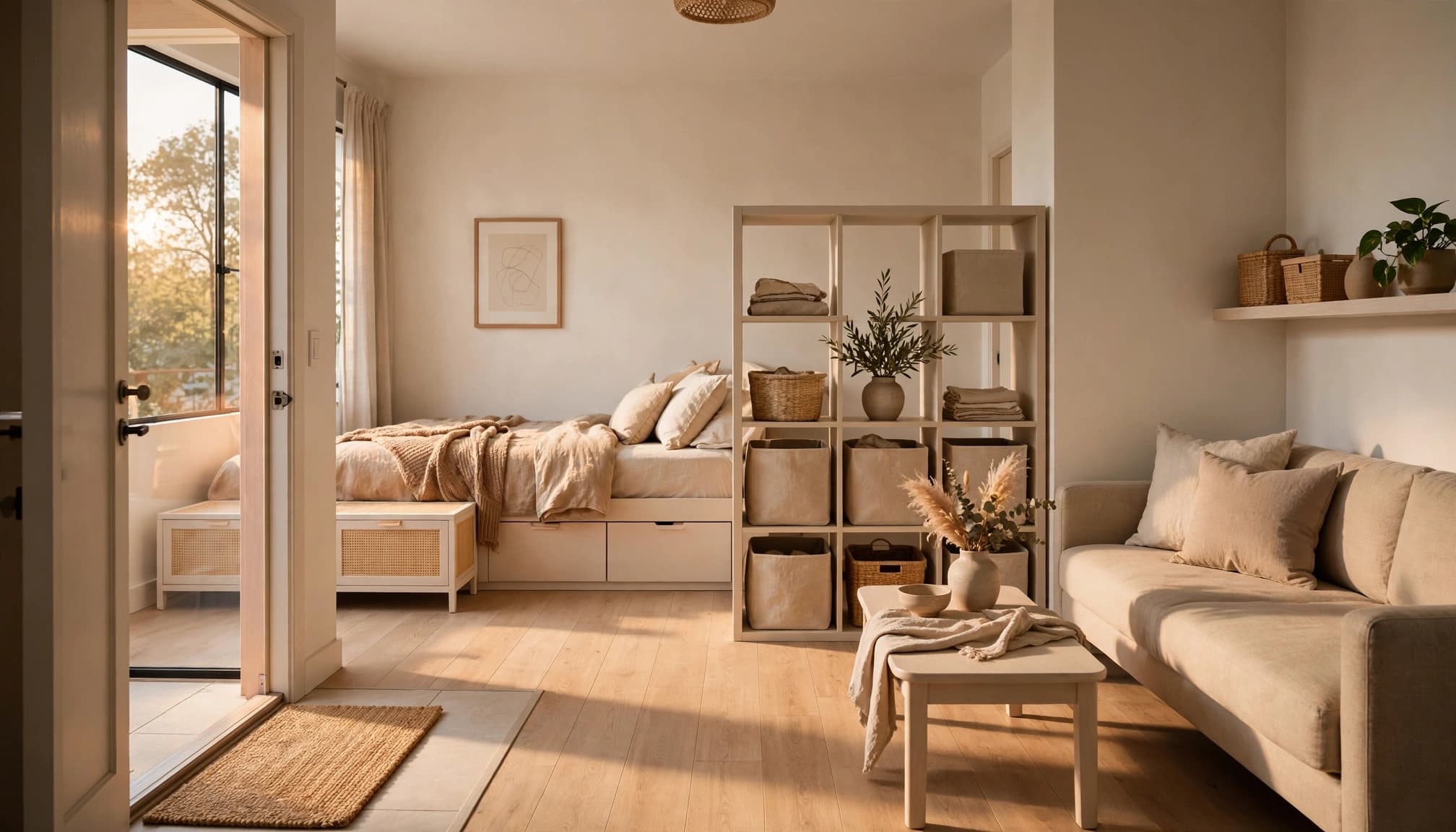 A drawer bed, narrow bench, and cube shelf organize a small studio.