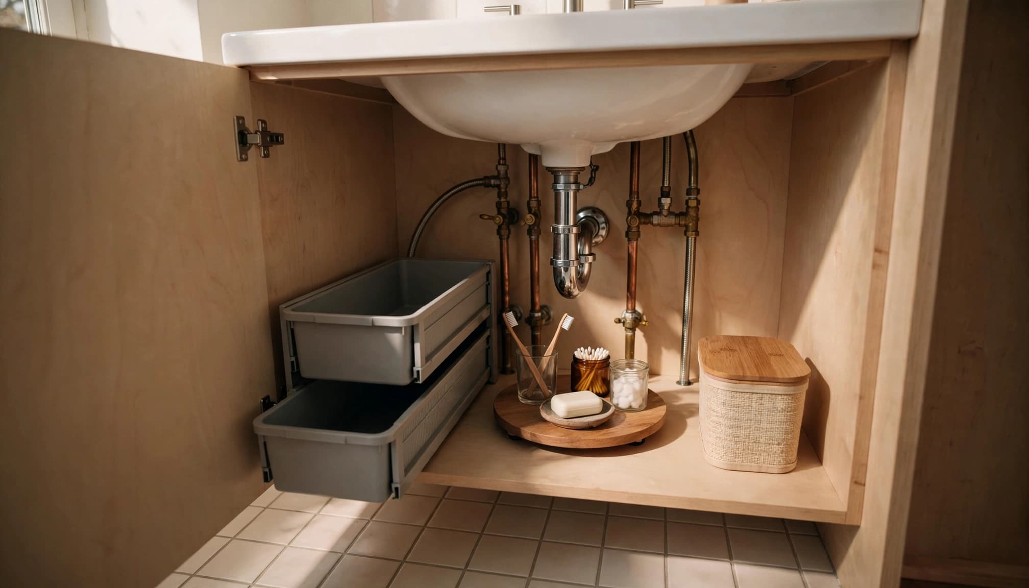 Two storage bins and toiletries fit around exposed pipes beneath a bathroom sink.