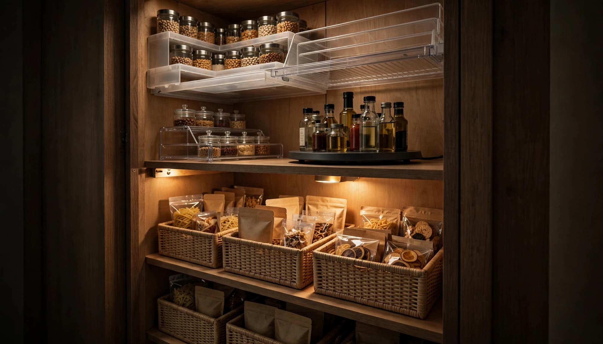 A deep pantry cabinet with food bins, shelf risers, and bottles on a turntable.
