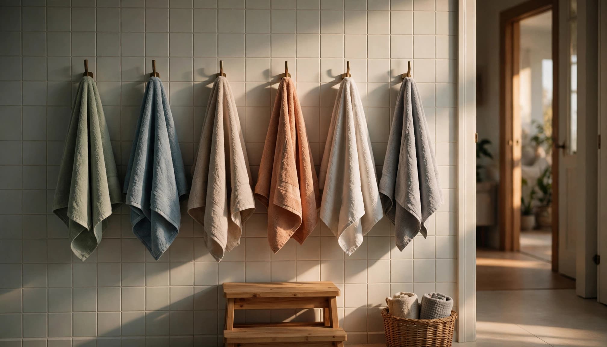 Six towels hang neatly on individual hooks against a tiled bathroom wall above a wooden step stool.
