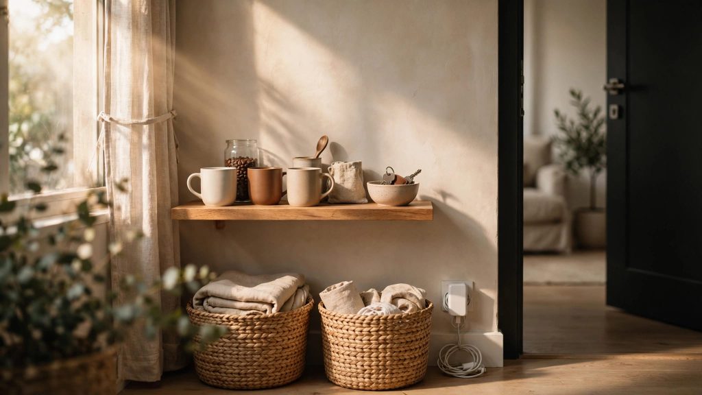 A small wooden shelf holds mugs, keys, a charger, and woven storage baskets.
