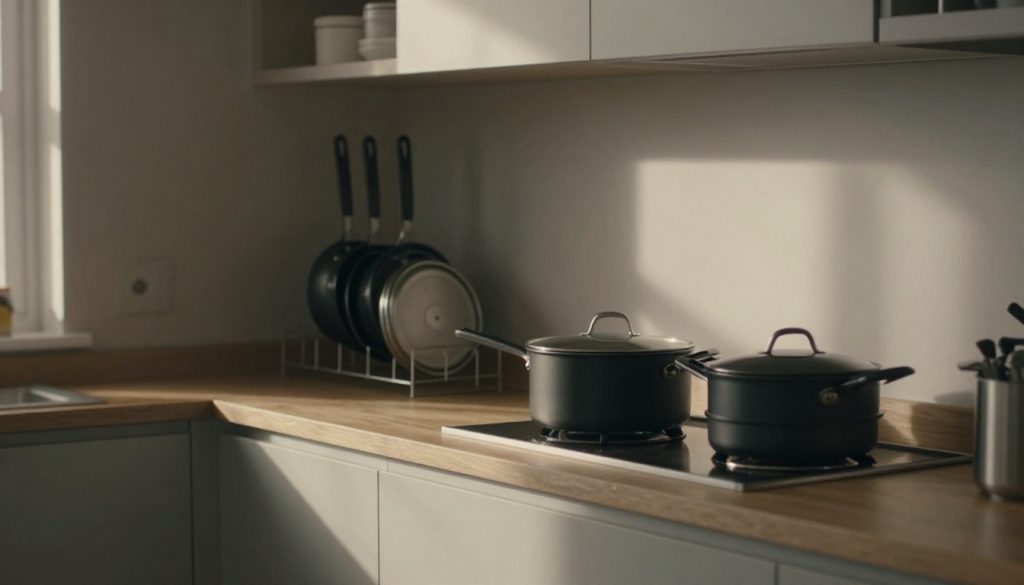 Pots, skillets, and upright lids arranged neatly in a small kitchen cabinet.