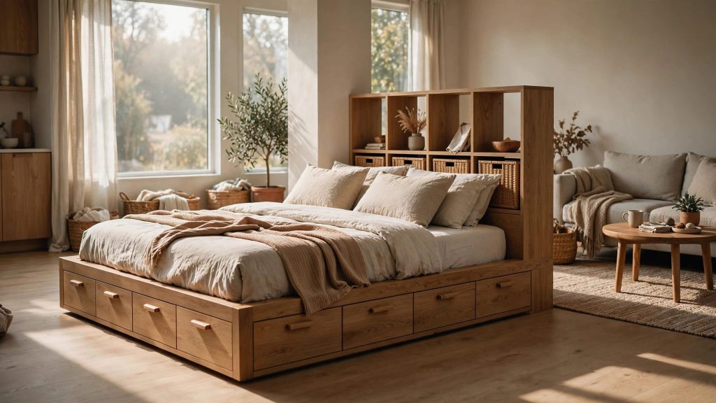 A drawer bed and cube shelf organize a bright studio apartment.