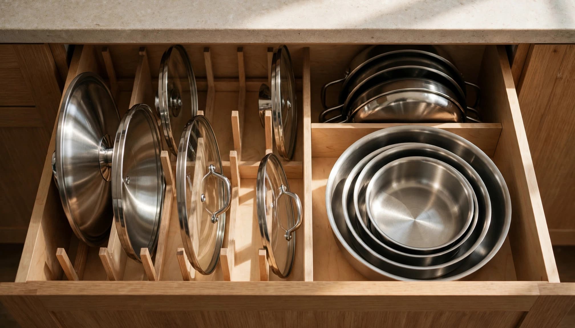 Pot lids stand upright beside nested pans in an open divided drawer.