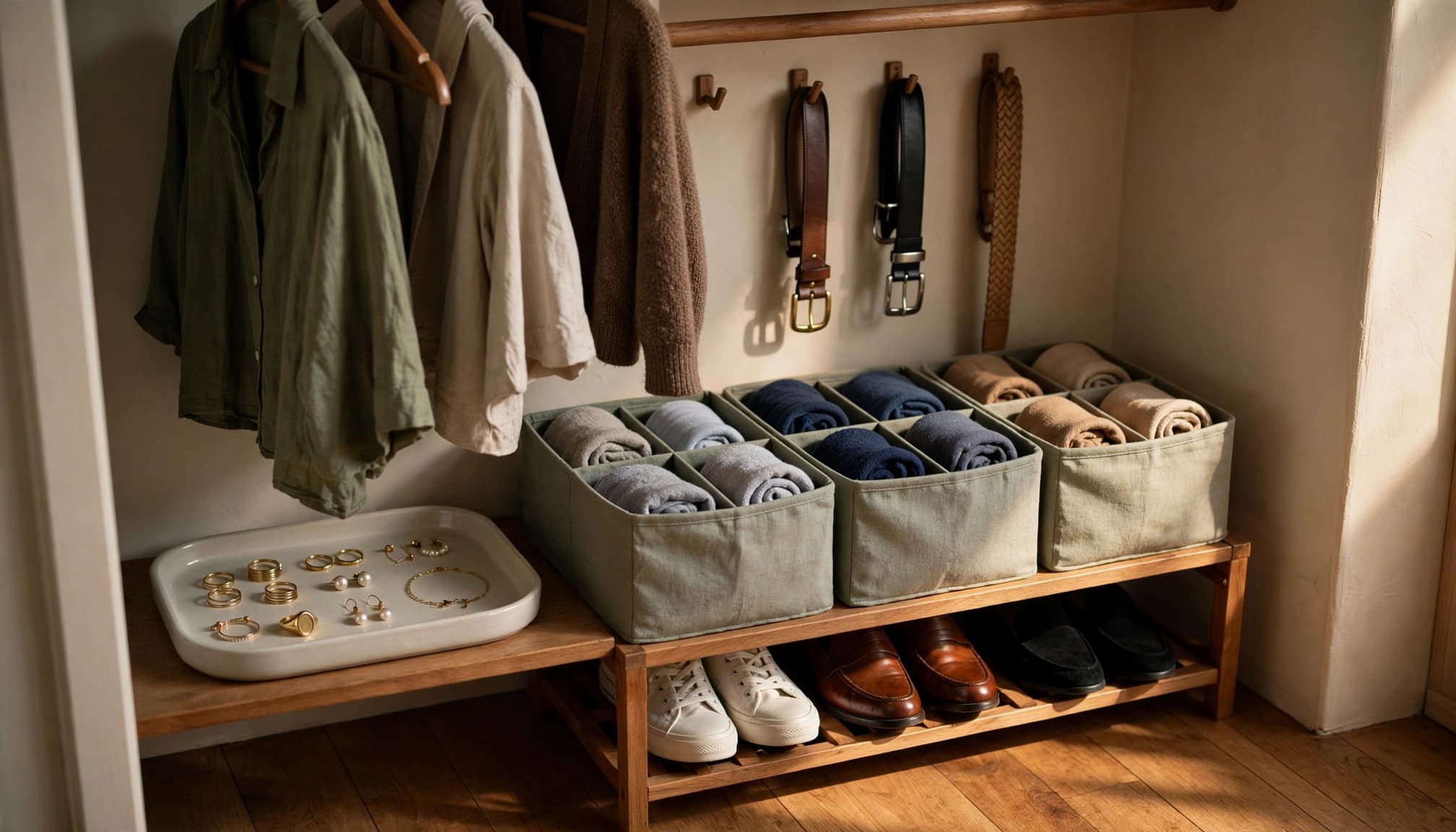 Shoes and small accessories are arranged in separate zones beneath hanging clothes.