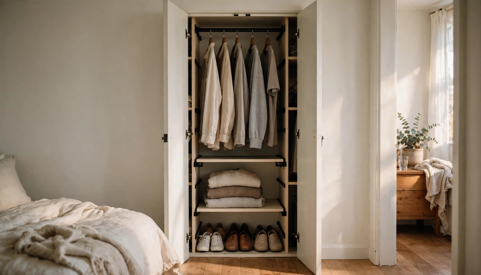 Neutral clothes, folded sweaters, and neatly aligned shoes fill an open closet.