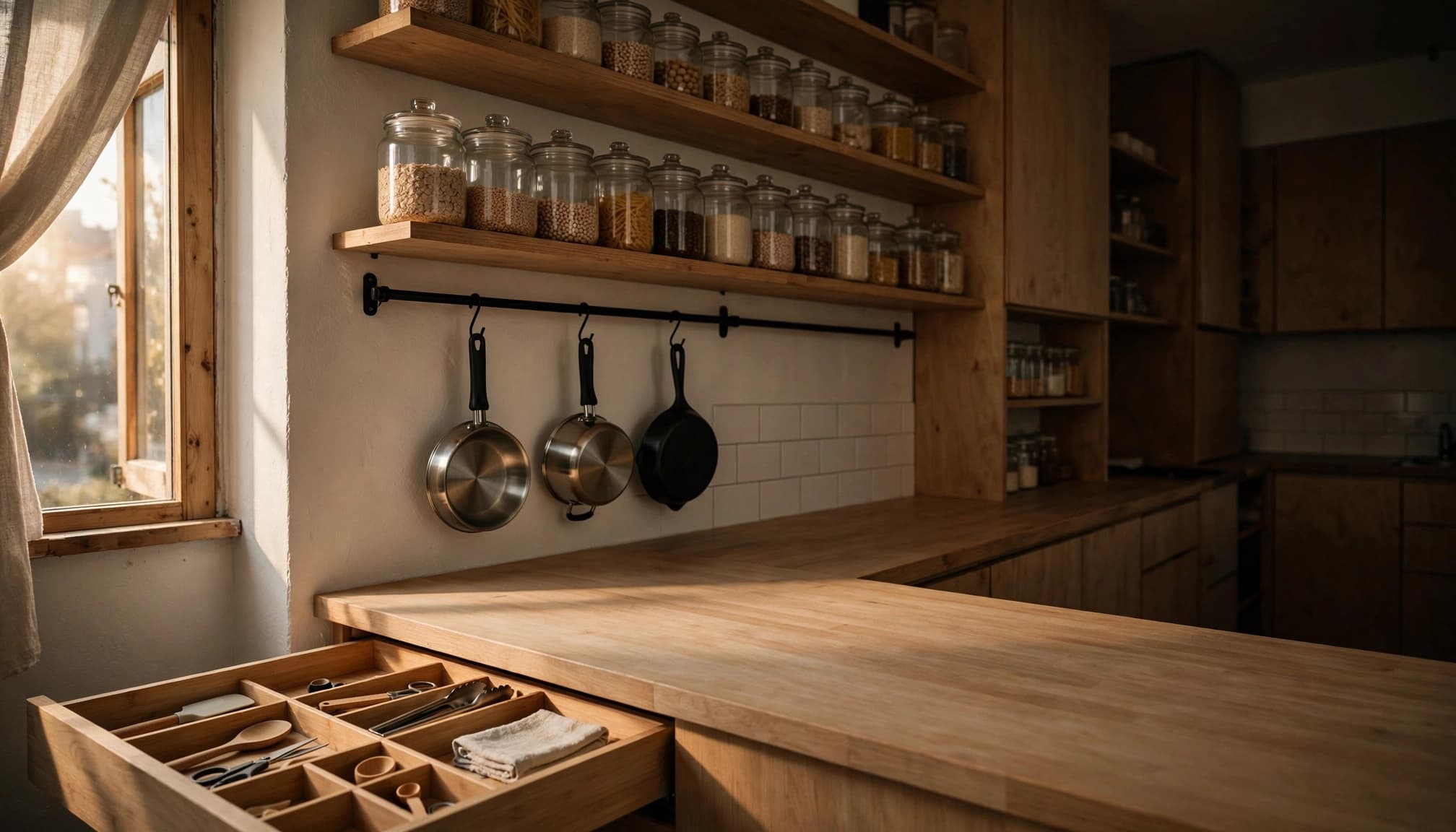 A tidy small kitchen with a clear counter, hanging pans, and organized shelves.