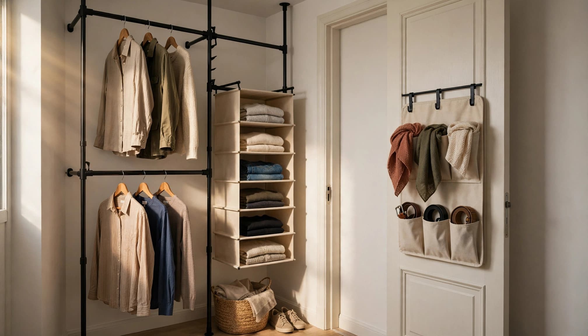 A second closet rod and hanging shelves sit beside door pockets holding scarves and belts.
