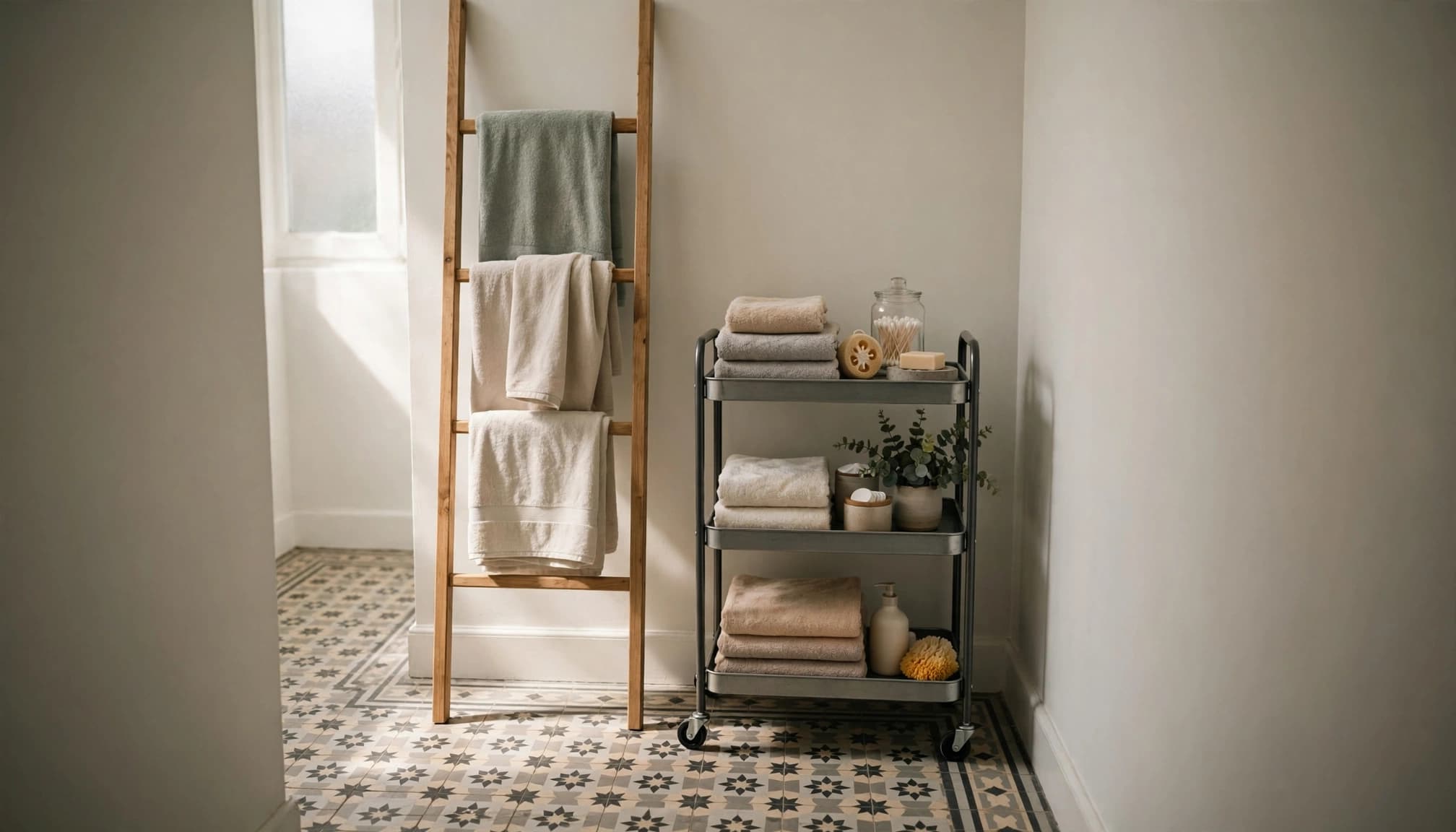 A wooden ladder and rolling cart hold towels and bathroom supplies beside a patterned floor.