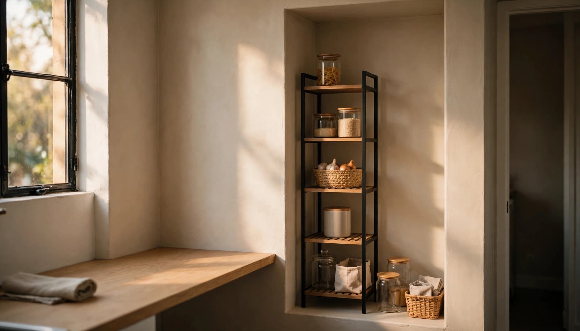 A narrow shelf and grouped pantry containers sit in a small kitchen nook.