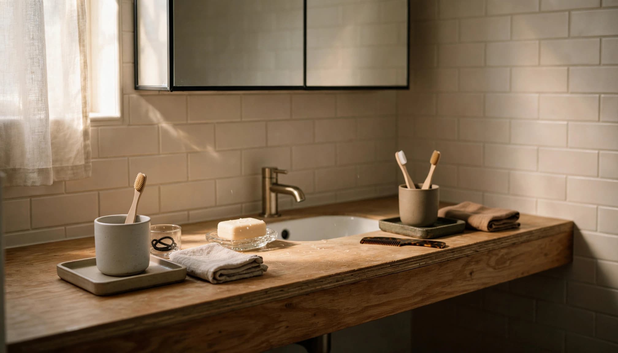 A shared wooden bathroom vanity with toothbrushes, soap, and mirrors on a tiled wall.
