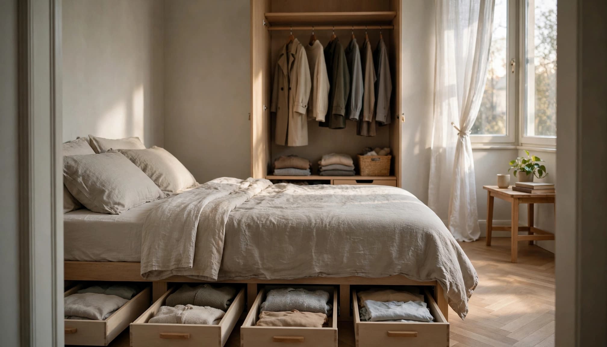 A tidy small bedroom with clothes stored beneath the bed and in an open closet.