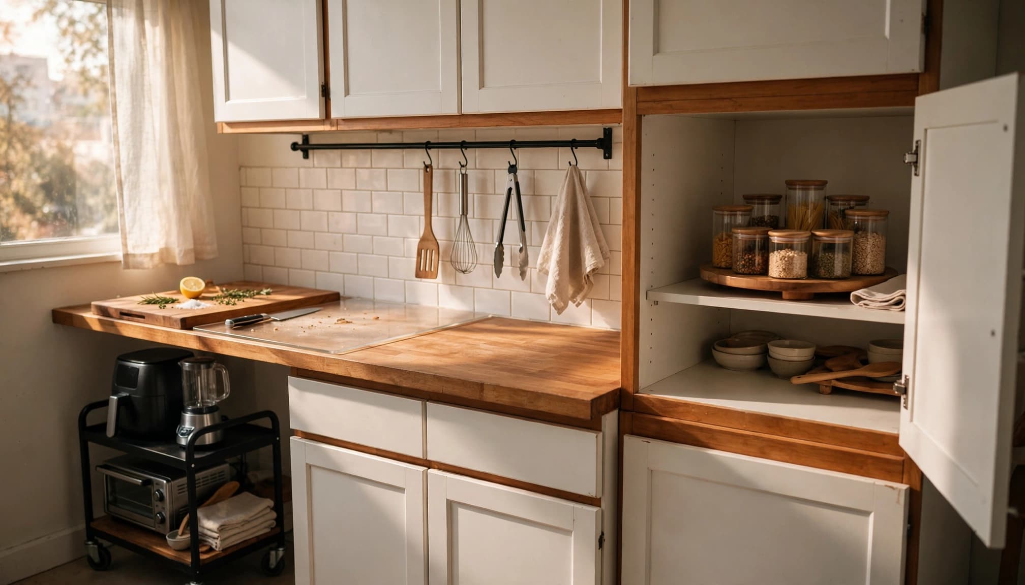A clear counter, appliance cart, hanging tools, and open cabinet with a lazy susan.