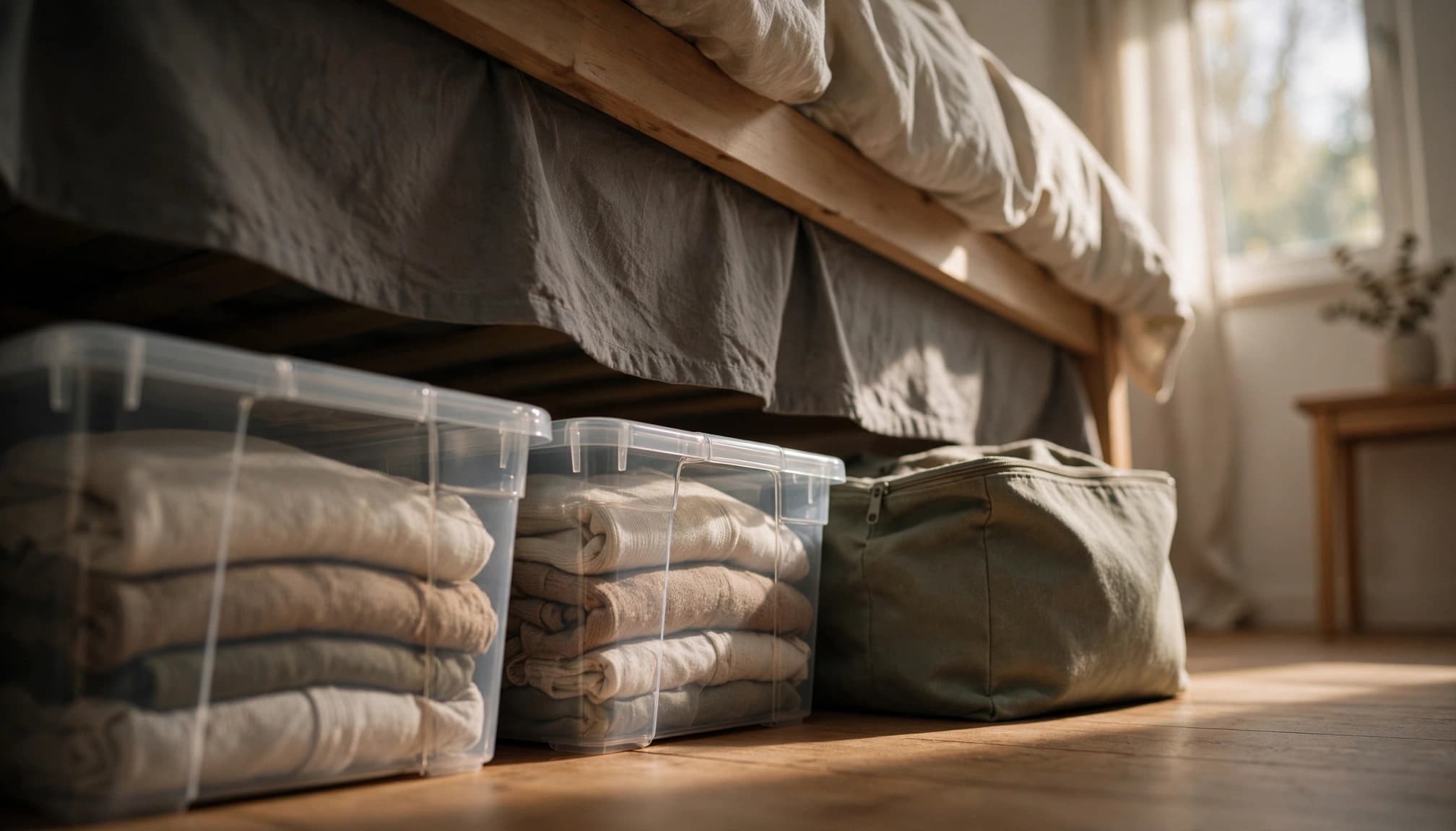 Two clear clothing bins and a fabric bag fit beneath a raised bed.