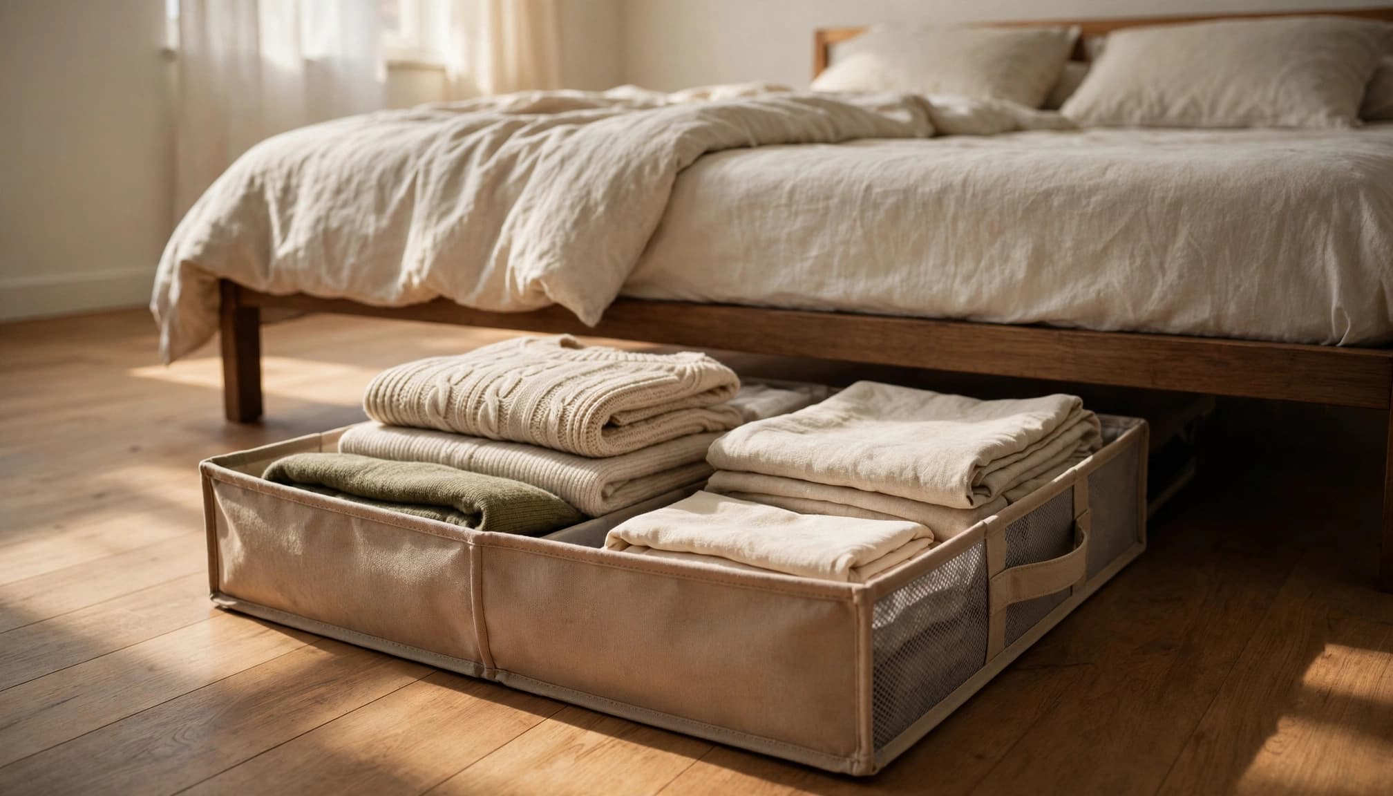 A fabric case of folded sweaters and linens sits partly beneath a bed.