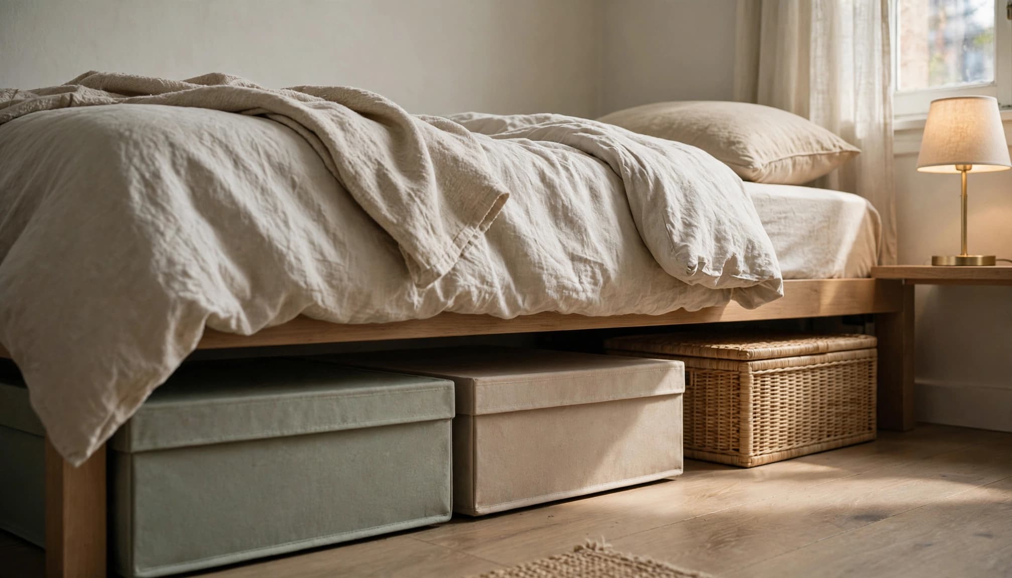 Fabric drawers and a lidded clothing box fit beneath a low bed.