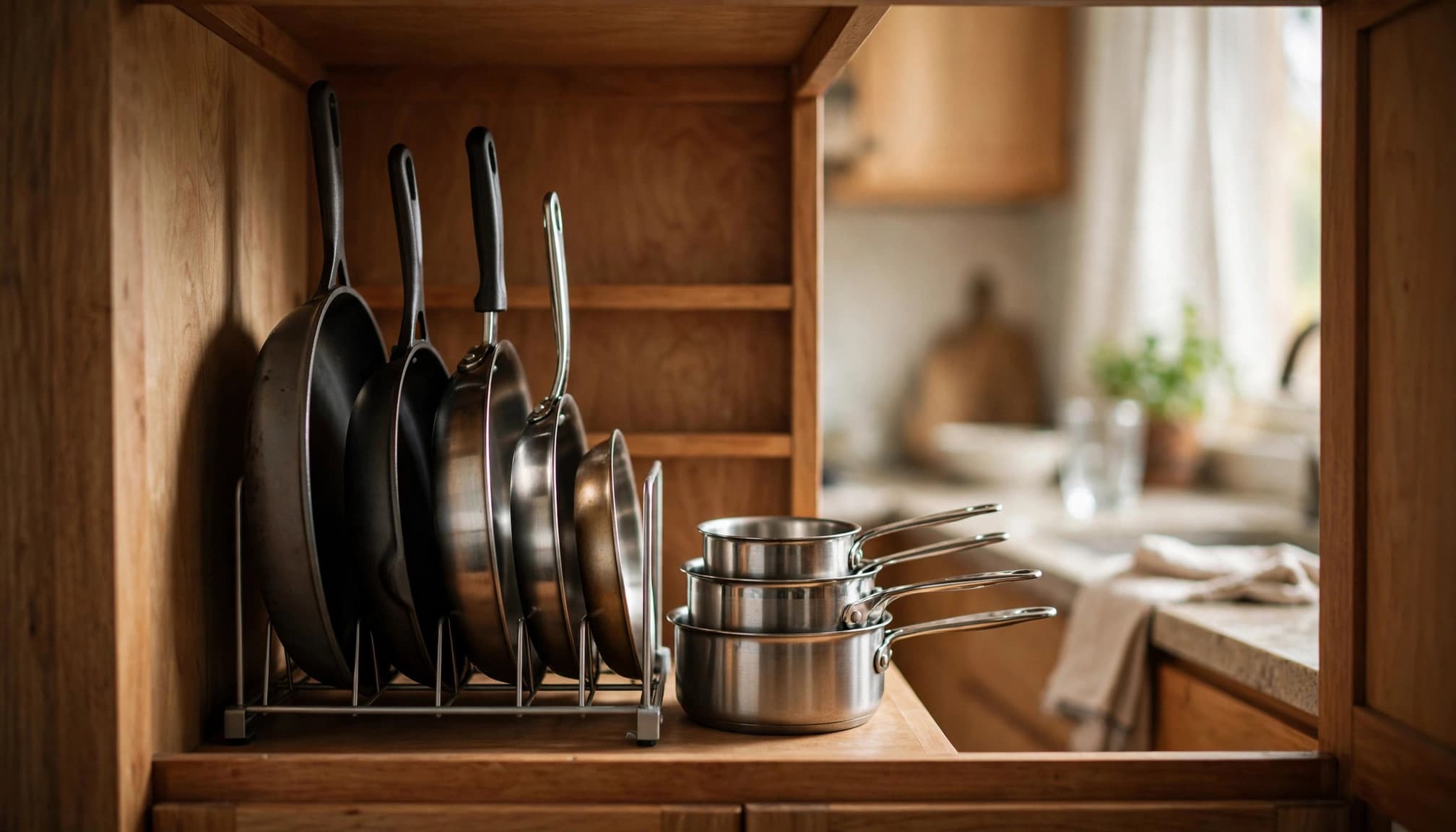 Skillets stand in a rack beside nested saucepans in an open wood cabinet.
